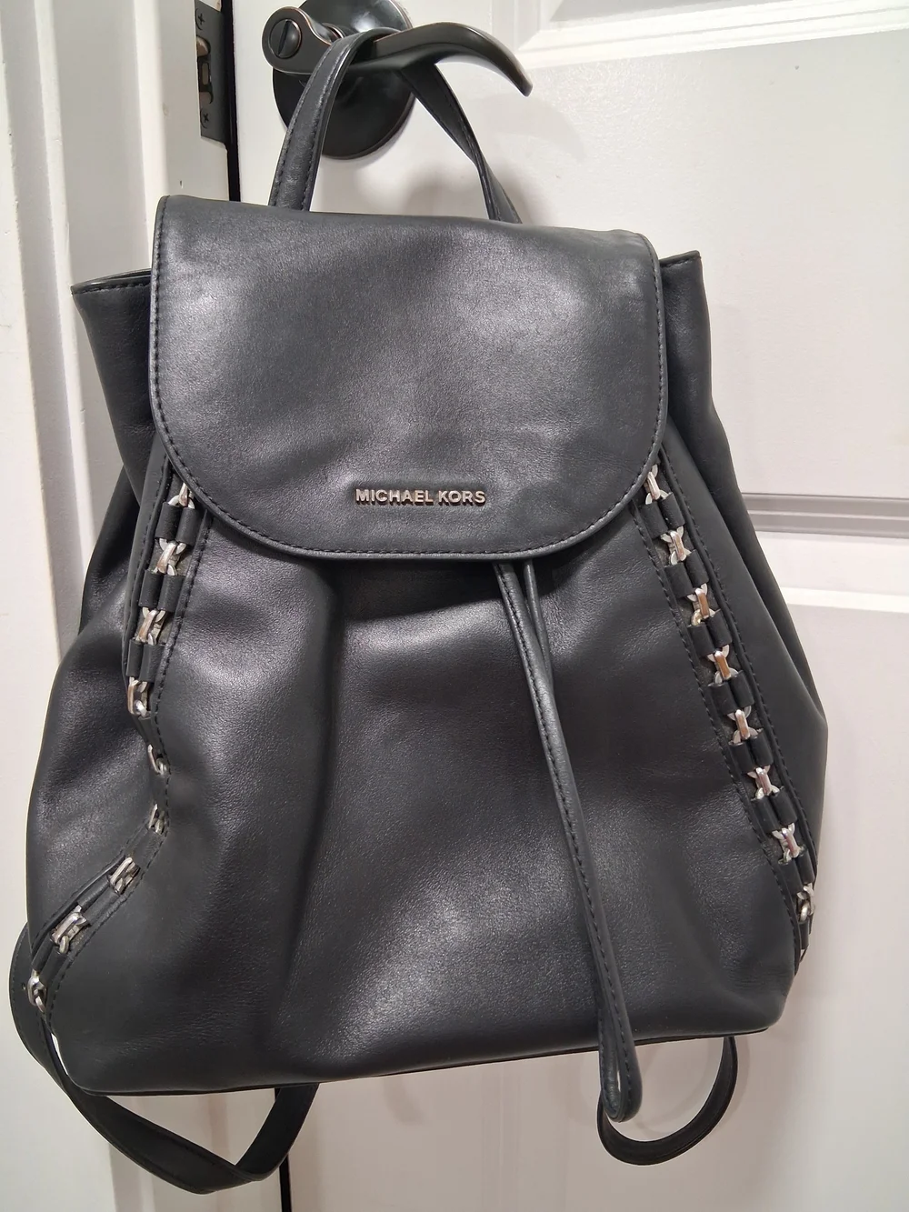 Michael Kors SADIE Black Leather Drawstring Backpack